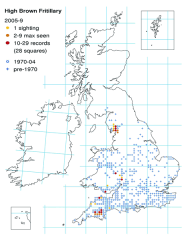 Map showing declining distribution of high brown fritillary